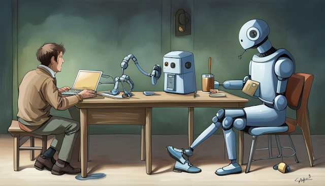 AI tools can help us Man tinkering with AI / Robot